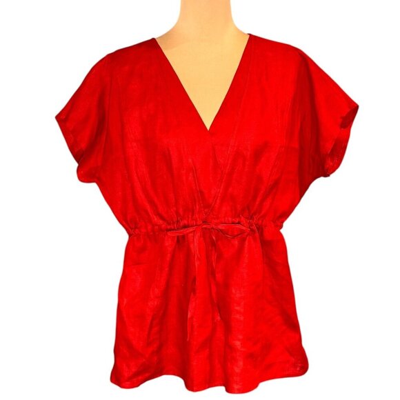 Talbots 100% Linen Tunic Top Sz.XL Red Babydoll V-Neck Short Sleeve Summer Boho - Picture 1 of 11